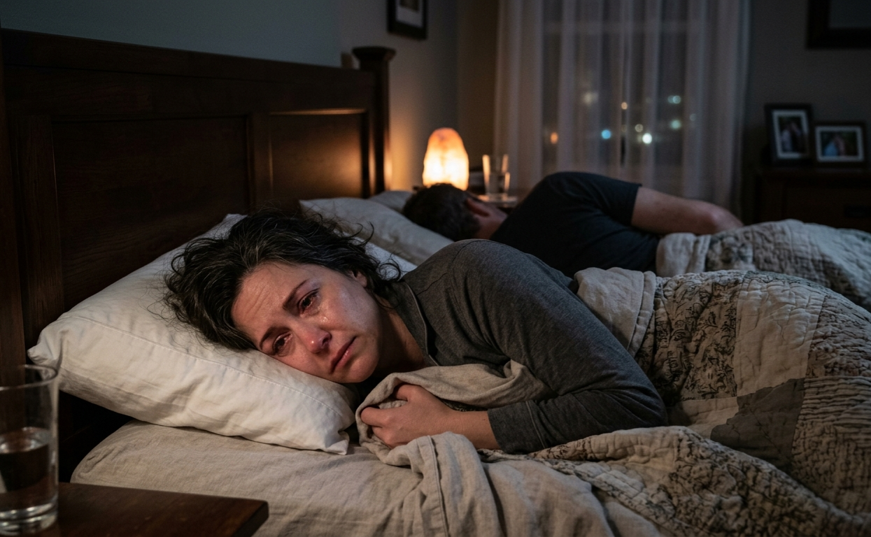 Mulher deitada na cama, acordada e sozinha, enquanto o marido dorme de costas